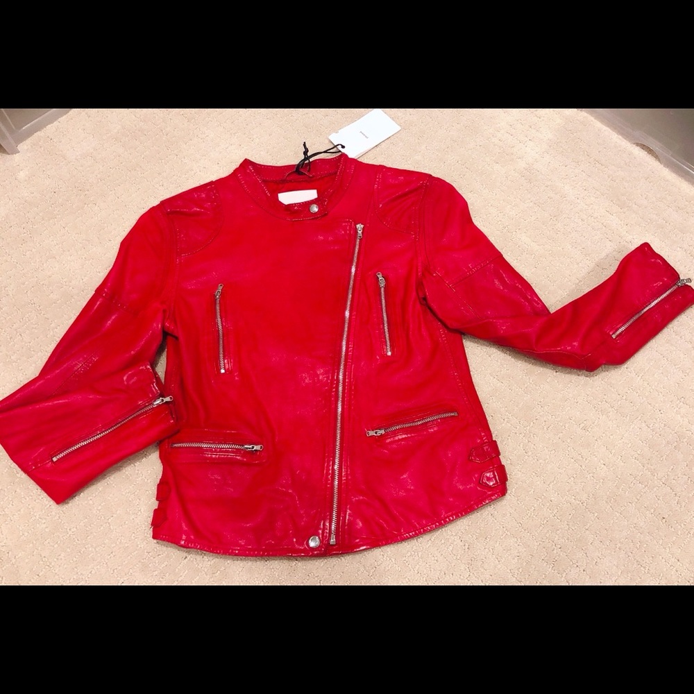 Pleased Bright red moto biker lamb leather jacket
